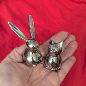 Silver Bunny and Cat Figurines
